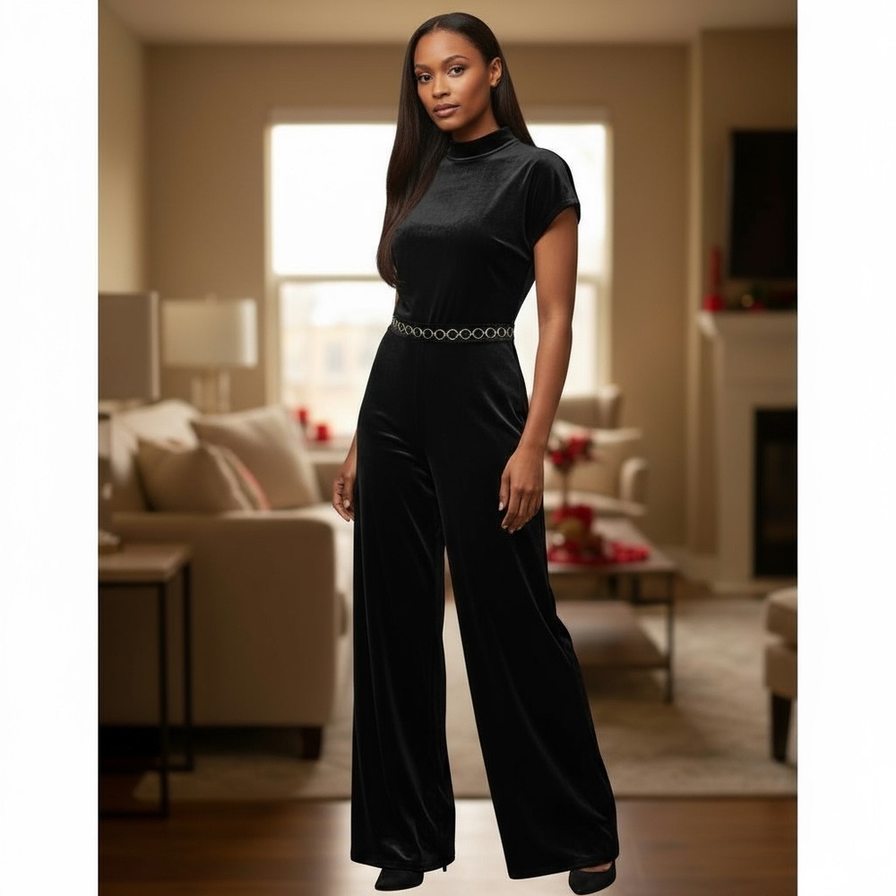 Jaclyn Smith Black Velvet Wide Leg Jumpsuit Chain Belt Retro Holiday Party Sz 10
